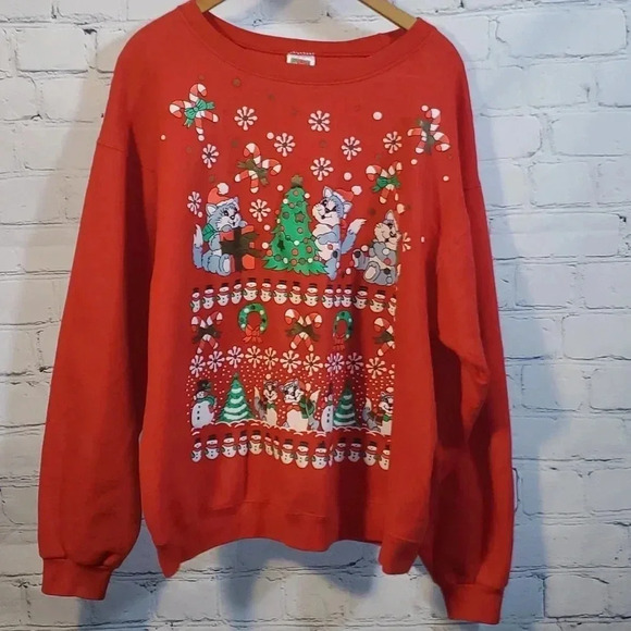 Vtg Hanes Comfort Blend Red Cat Tree Snowman Christmas Sweatshirt Size XL - Picture 1 of 11